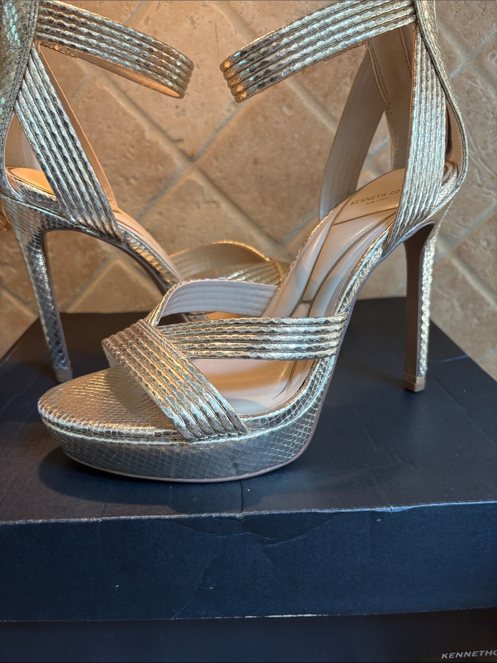 Kenneth Cole Metallic Gold Platform Strappy Stiletto Sandals